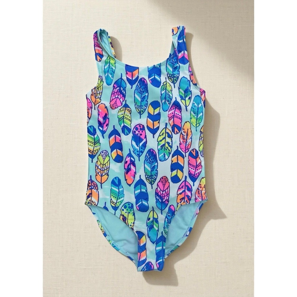 Wonder Nation Girls Feather Print One Piece Swimsuit‎ Size M 7-8